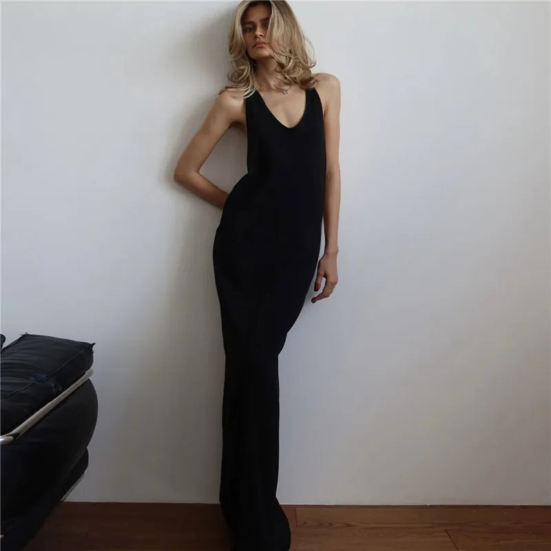 VacationGrabs Women Halter Neck Backless Maxi Dress Side Cutout Sleeveless Bodycon Long Dress Metal Buckle Detail Evening Party Gown