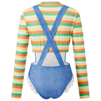 VacationGrabs Women Farm Girl Cosplay Costume Striped Long Sleeve Crop Top Denim Look Lace Ruffle Bodysuit Halloween Party Club Outfit
