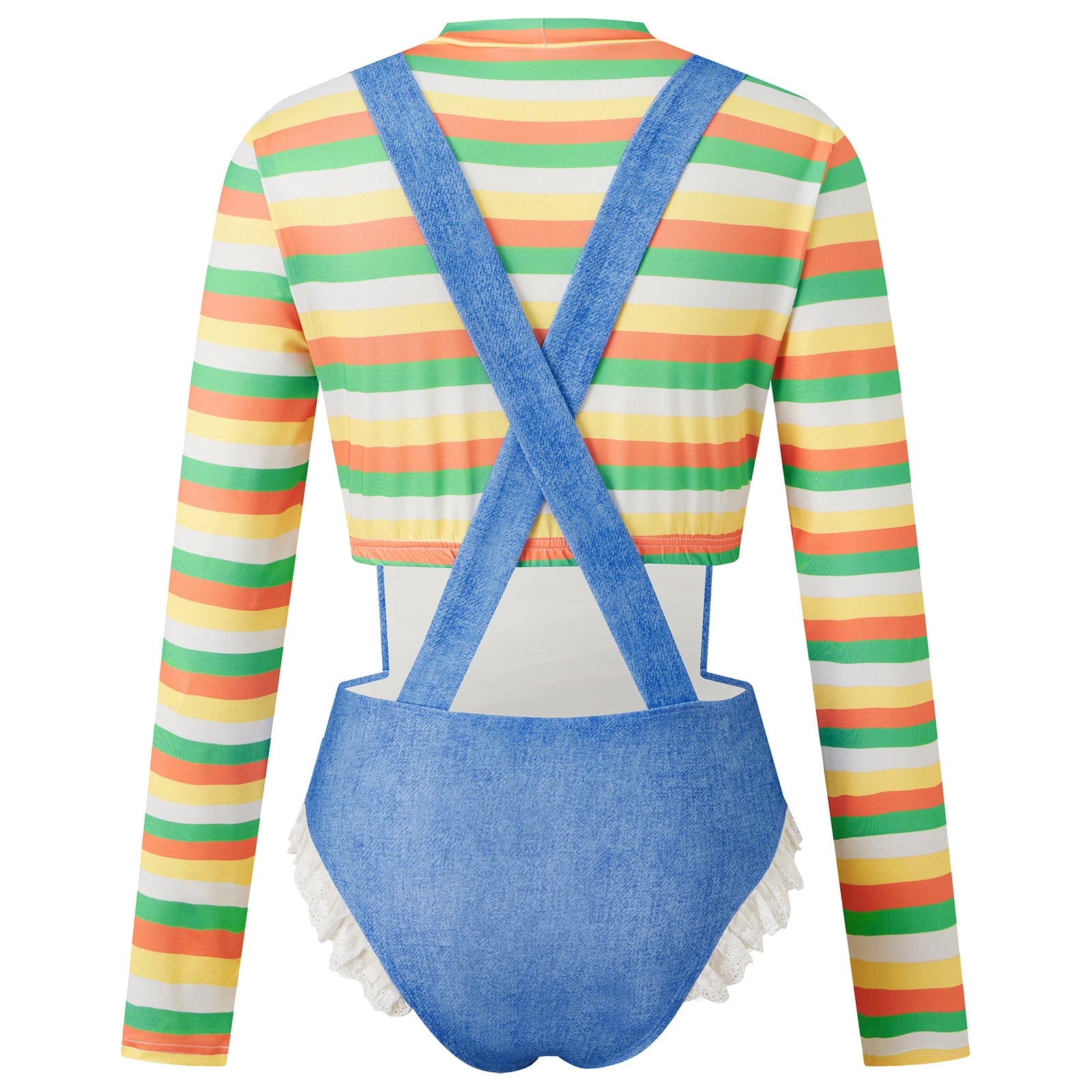 VacationGrabs Women Farm Girl Cosplay Costume Striped Long Sleeve Crop Top Denim Look Lace Ruffle Bodysuit Halloween Party Club Outfit