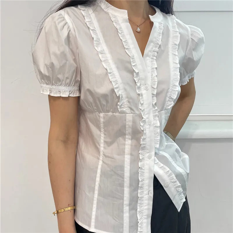 VacationGrabs Women White Ruffle Blouse Stand V Neck Puff Short Sleeve Slim Fit Button Shirt Elegant Vintage Corset Line Casual Top