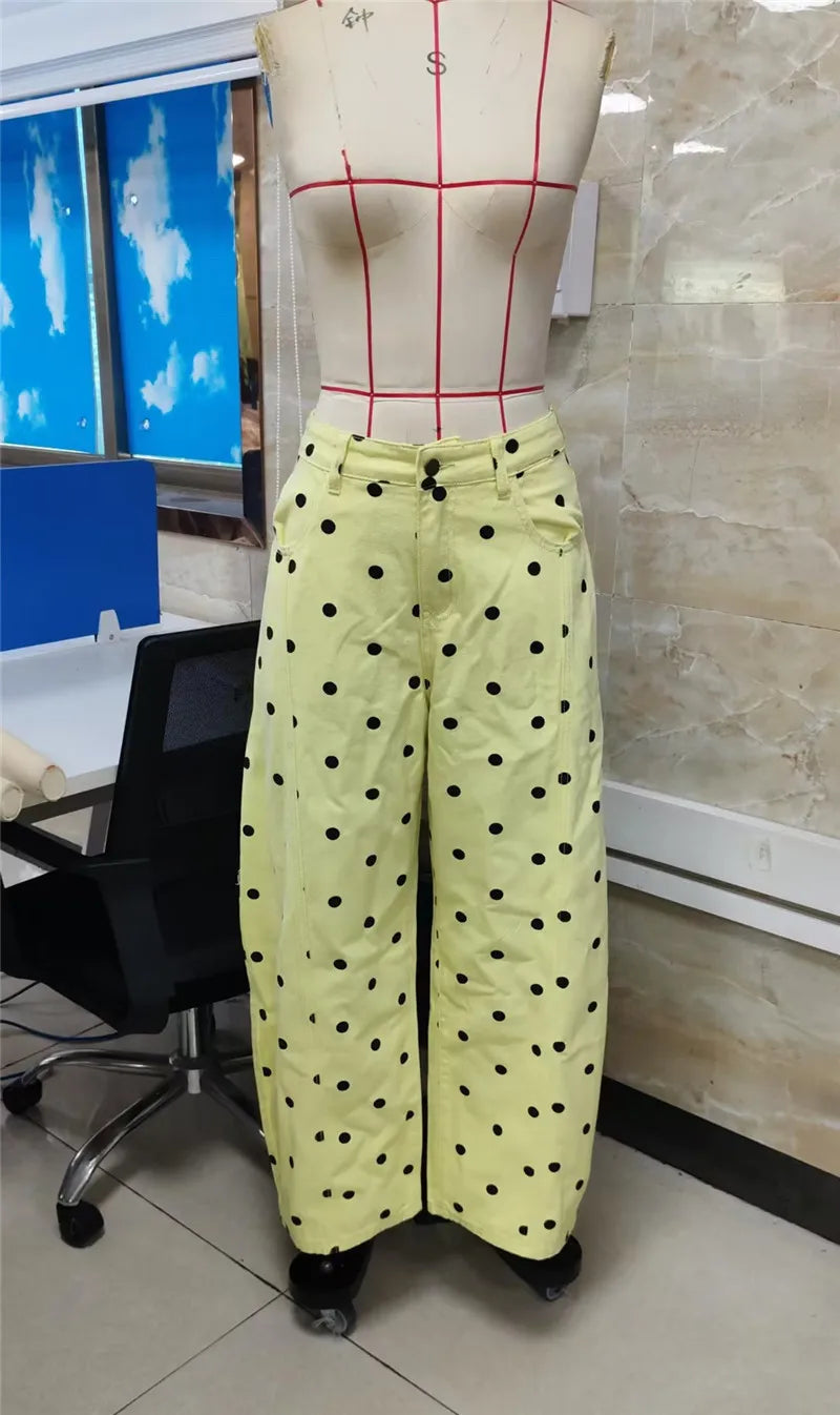 VacationGrabs Women High Waist Polka Dot Wide Leg Cropped Pants Seam Detail Loose Straight Leg Ankle Trousers Vintage CasualStreetwear