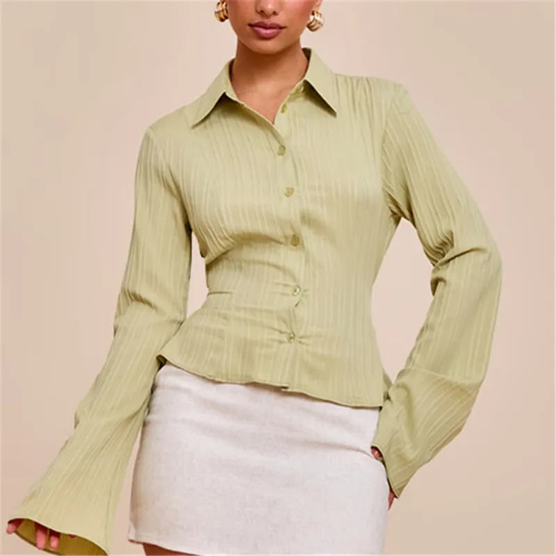 VacationGrabs Women Button Down Bodycon Shirts V Neck Lapel Collared Long Sleeve Fitted Shirt Vintage Fall Outgoing Blouse Tops
