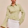 VacationGrabs Women Button Down Bodycon Shirts V Neck Lapel Collared Long Sleeve Fitted Shirt Vintage Fall Outgoing Blouse Tops