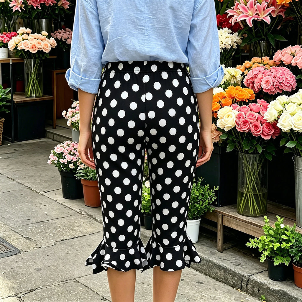 Women's Y2K Polka Dot Capri Pants High Waist Ruffle Hem Cropped Trousers Casual Slim Fit Summer Streetwear Vacation Pants