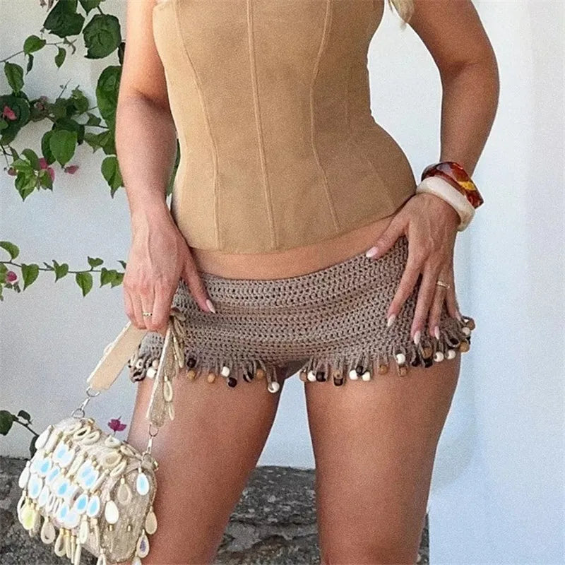 VacationGrabs Boho Style Women Knit Crochet Beach Shorts Low Rise Bead Trim Loose Fit Mini Short Pants Summer Casual Streetwear