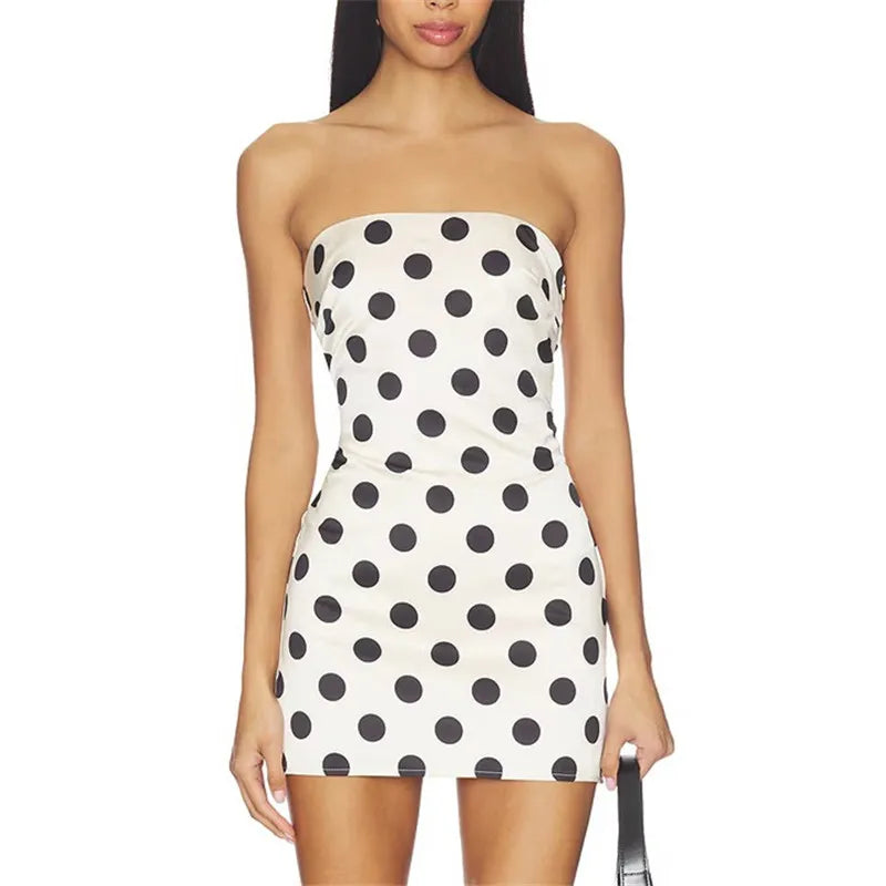 Women's Polka Dot Satin Tube Top Mini Dress Fashion Strapless Backless Bodycon Dress with Matching Neck Scarf Party Clubwear
