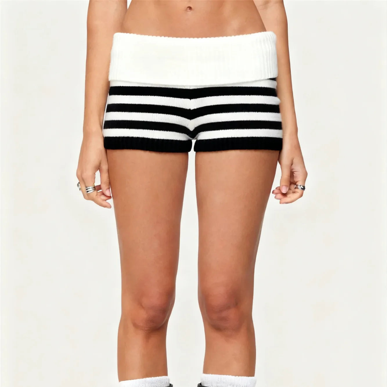 VacationGrabs Women Y2k Knit Mini Shorts Striped Foldover Low Waist Elastic Slim Fit Vintage Going Out Micro Bottom Streetwear