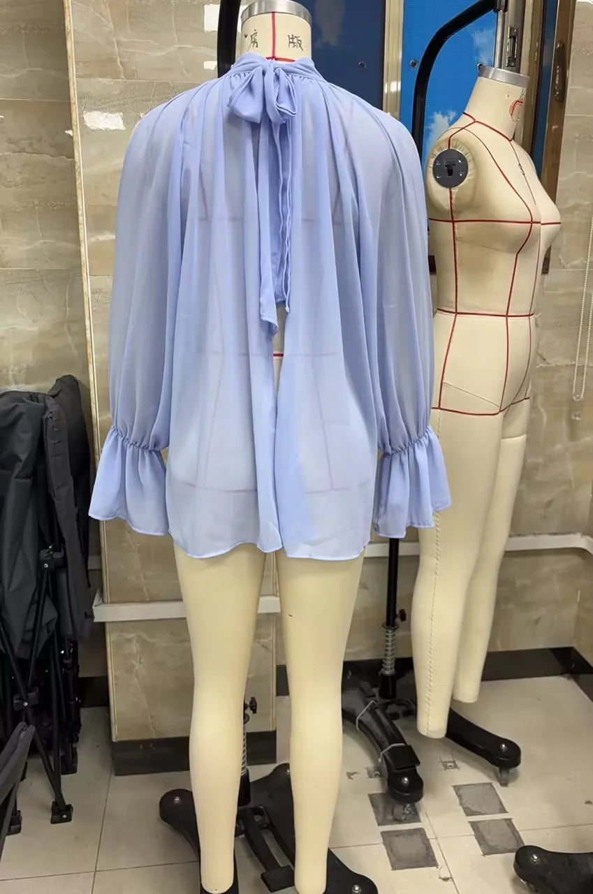VacationGrabs Minimalist Solid Cold Shoulder Chiffon Blouse Mock Neck Back Tie Split Flare Sleeve Loose Irregular Hem Daily Shirt