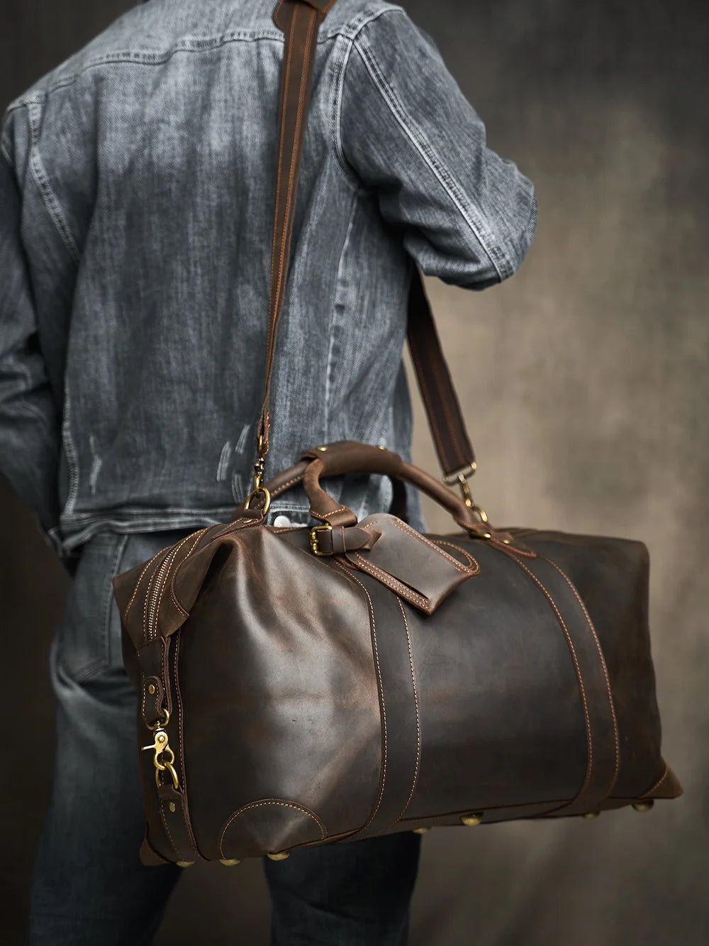 Men's Dark Brown Leather Travel Duffle Bag