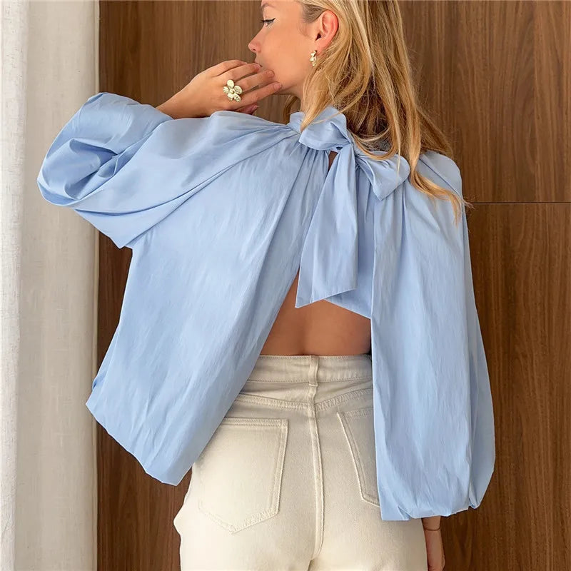 VacationGrabs Women Backless Bow Tie Blouse Stand Collar Puff Long Sleeve Pleated Loose Cropped Shirt Solid Casual Daily Going Out Top