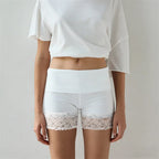 VacationGrabs Chic Y2K Style Fold Over Waist Lace Trim Biker Shorts for Women Solid Color Soft Safety Shorts Casual Daily Loungewear