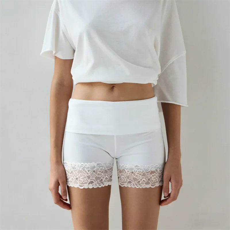 VacationGrabs Chic Y2K Style Fold Over Waist Lace Trim Biker Shorts for Women Solid Color Soft Safety Shorts Casual Daily Loungewear