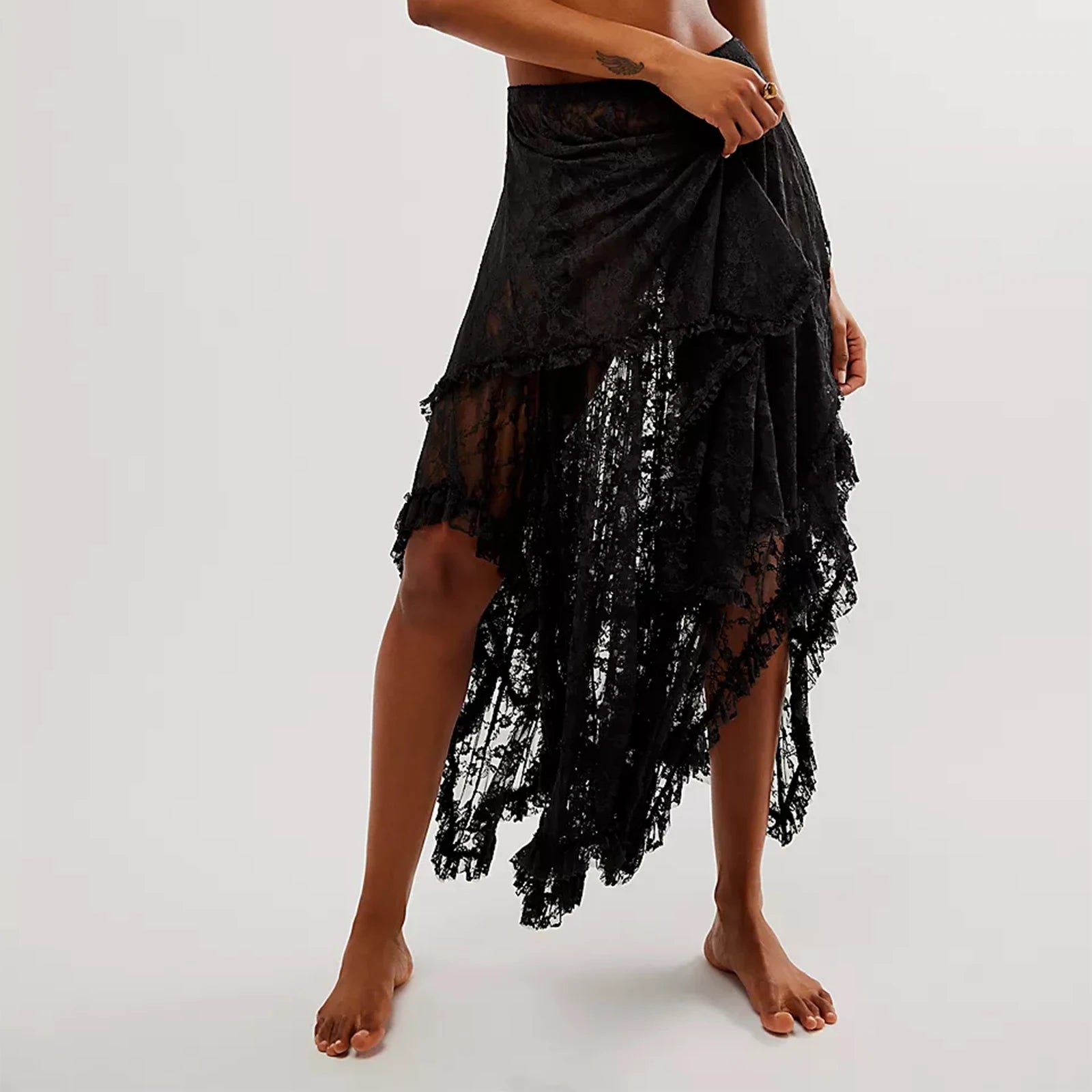 VacationGrabs Floral Lace Long Skirt for Women Y2K Elastic Waist Asymmetrical Layered Maxi Skirt Sexy See Through Flowy Beach Skirt