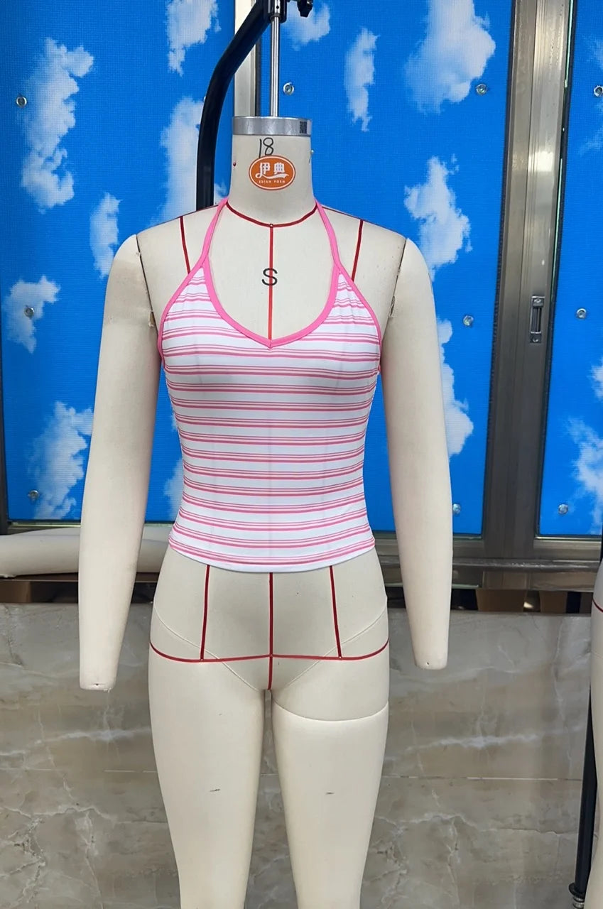 VacationGrabs Halter Neck Tank Tops for Women Y2K Striped Scoop Neck Slim Fit Sleeveless Cami Tops Trendy Summer Casual Going Out Vest