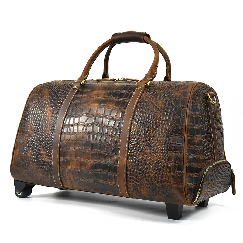 Rolling Genuine leather hand luggage travel bag with wheels