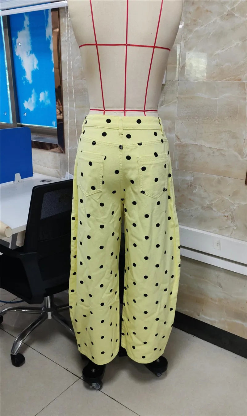 VacationGrabs Women High Waist Polka Dot Wide Leg Cropped Pants Seam Detail Loose Straight Leg Ankle Trousers Vintage CasualStreetwear