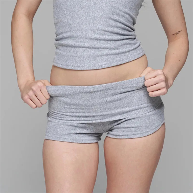 VacationGrabs Women's Fold Over Waist Low Rise Yoga Shorts Slim Fit Stretchy Cotton Casual Summer Lounge Shorts for Daily Workout
