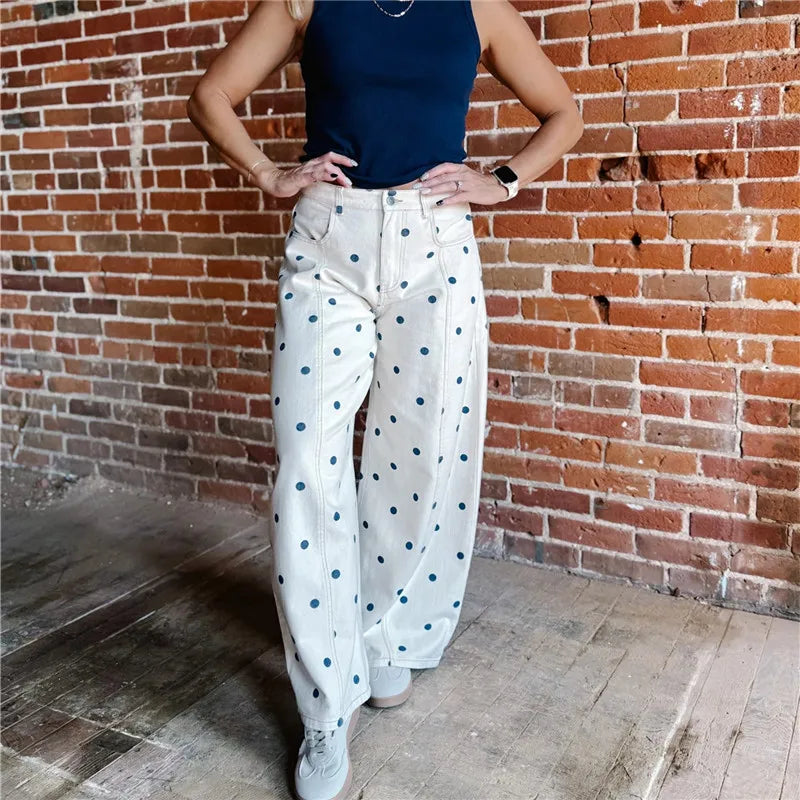 VacationGrabs Polka Dot Jeans Women Y2K Print High Waisted Wide Leg Denim Pants Vintage Stretchy Boyfriend Jeans 90s 00s Streetwear