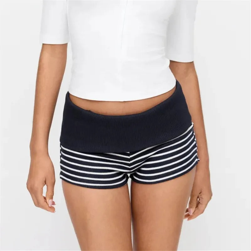 VacationGrabs Women Fold Over High Waist Striped Ribbed Knit Booty Shorts Y2K Slim Bodycon Mini Hot Pants Casual Loungewear Bottoms