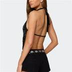 VacationGrabs Women Beaded Tank Top Sequin Cami Top Rhinestone Sparkle Halter Sleeveless V Neck Camisole Sexy Crop Top Party Clubwear