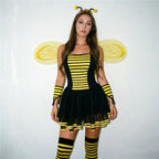 VacationGrabs Women Bumble Bee Halloween Costume Striped Tutu Dress With Bee Wings Antenna Headband Gloves Stockings Cosplay Outfit