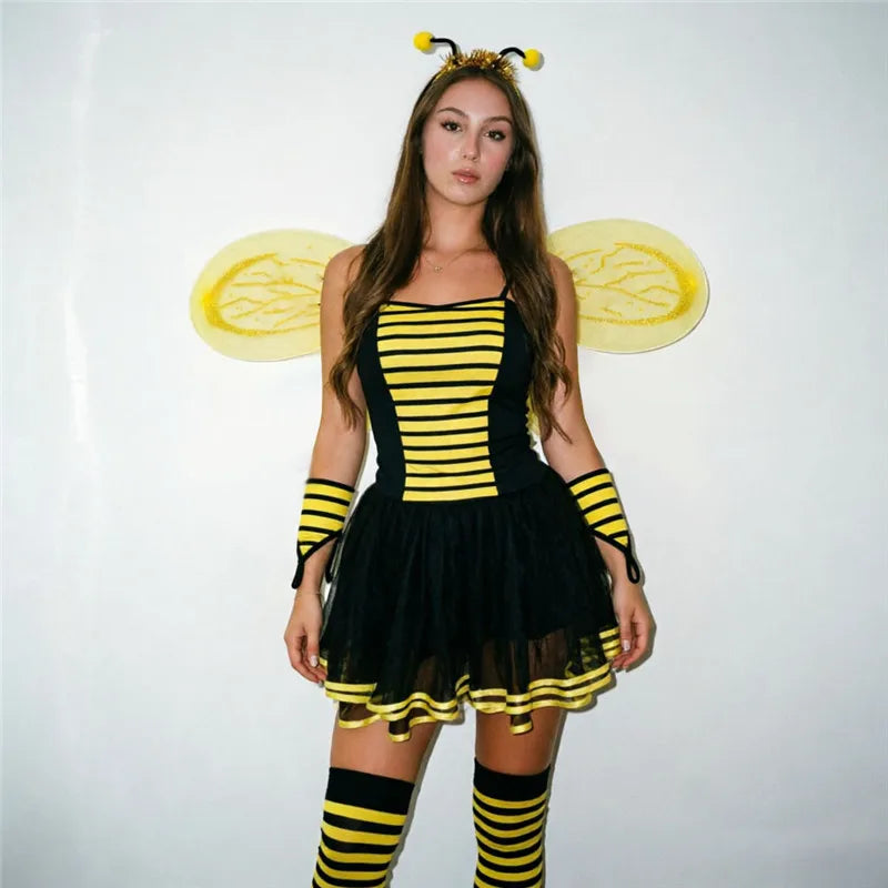 VacationGrabs Women Bumble Bee Halloween Costume Striped Tutu Dress With Bee Wings Antenna Headband Gloves Stockings Cosplay Outfit
