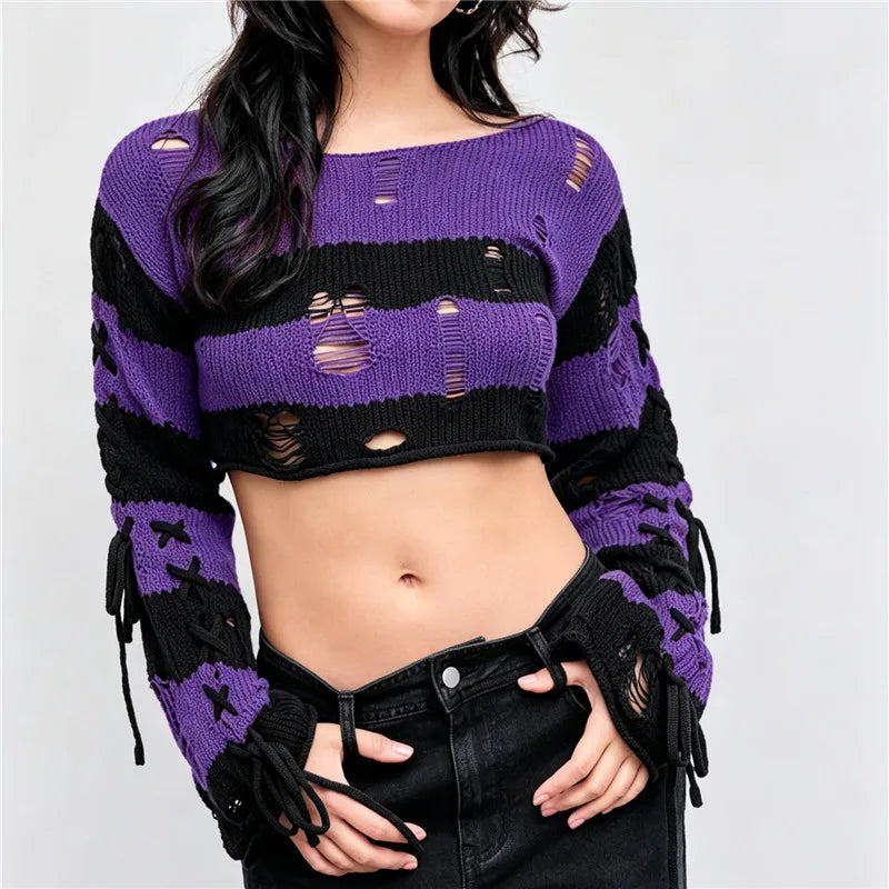 VacationGrabs Y2K Punk Distressed Striped Crop Knit Sweater Women Cross Lace Up Side Long Sleeve Ripped Hole Gothic Streetwear Top