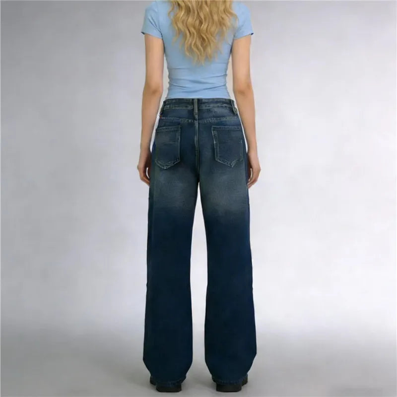 VacationGrabs Women Water Washed Denim Pants Low Rise Retro Gradient Loose Straight Leg Jeans with Pockets Vintage Streetwear