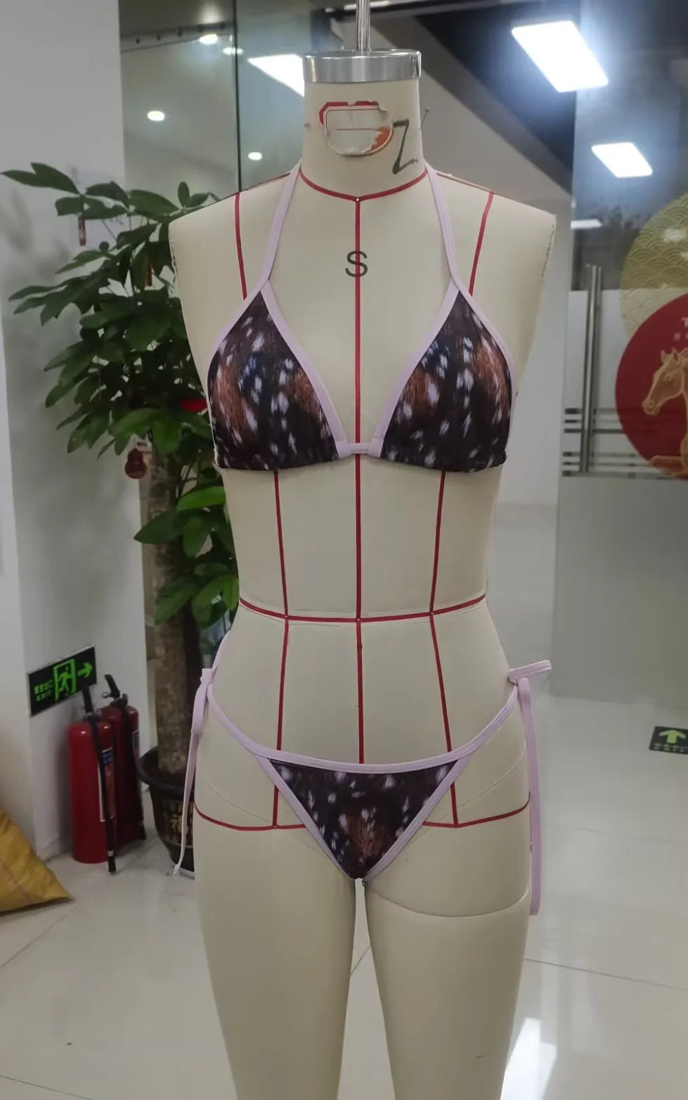 VacationGrabs Women 2 Pieces Bikini Swimsuits Fashion Print Tie-Up Halter Neck Sleeveless Bra Thong Bottoms Beach Bathing Suit Set