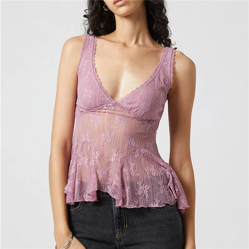 VacationGrabs Women Sexy Semi Sheer Lace Top Cute Ruffle Hem Backless Deep V Neck Peplum Tank Top Summer Beach Holiday Camisole