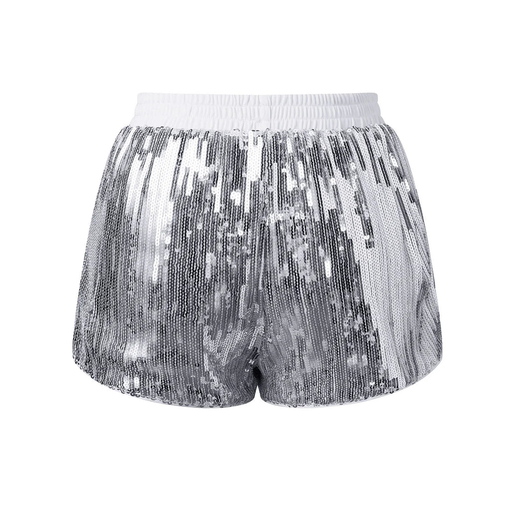 VacationGrabs Y2K Sparkle Sequined Shorts Elastic Waist Loose Fit Glitter Hot Pants Women Nightclub Rave Festival Party Casual Bottoms