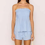 Strapless Ruffle Trim Two Piece Set Women's Pleated Tube Top and High Waist Shorts Casual Summer Vacation Beach Outfit