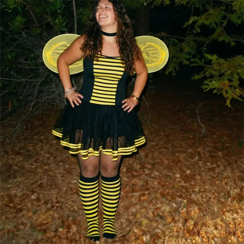 VacationGrabs Women Bumble Bee Halloween Costume Striped Tutu Dress With Bee Wings Antenna Headband Gloves Stockings Cosplay Outfit