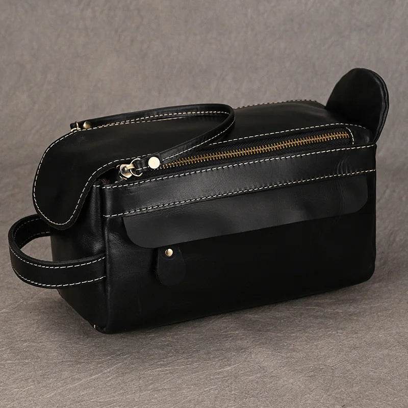 Black Genuine Leather Cosmetic & Storage Bag for Men & Women - VacationGrabs
