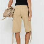 VacationGrabs Women's Y2K Low Waist Cargo Bermuda Shorts Drawstring Tie Hem Knee Length Pants with Pockets Casual Loose Fit Streetwear