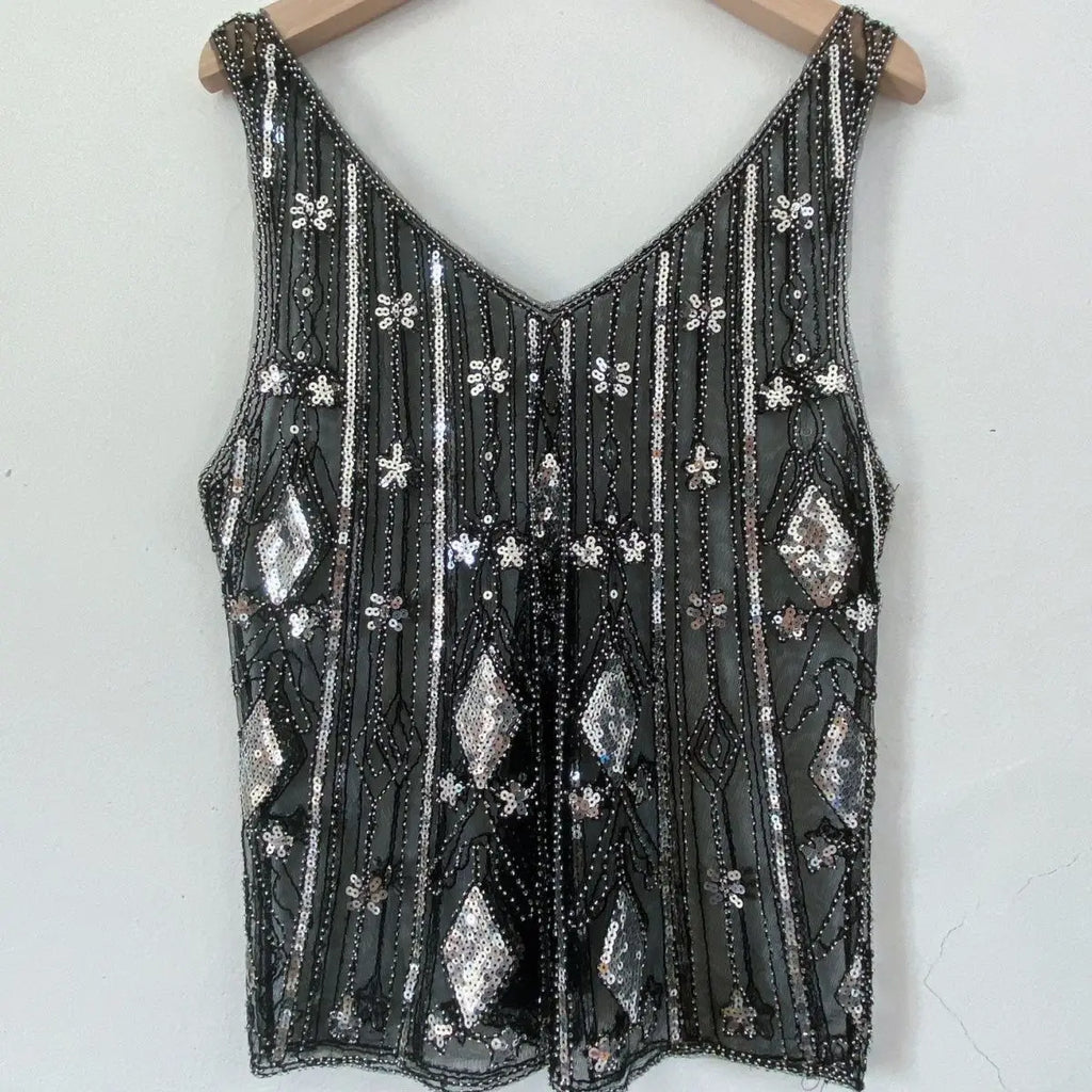 Trendy Sequins Beads Flower Pattern Vests Women's Sleeveless Open Back V Neck Camisoles See-Through Chic Summer Camis