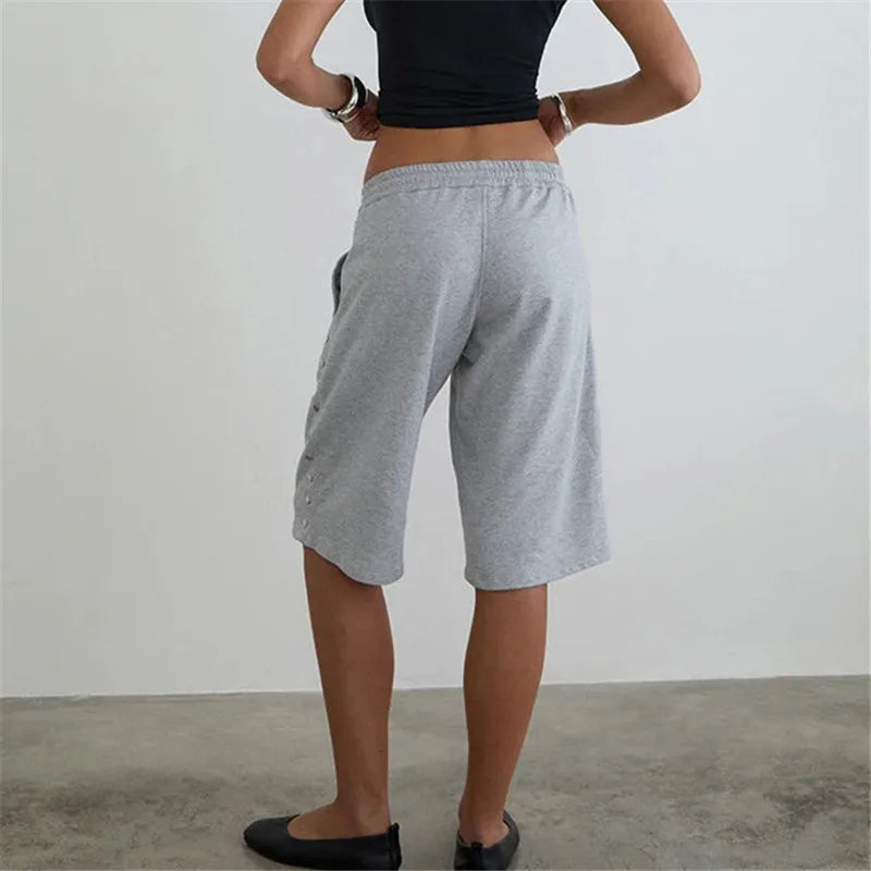 VacationGrabs Women's Knee Length Sweat Shorts with Side Snap Buttons Drawstring Waist Casual Loose Fit Summer Y2K Streetwear
