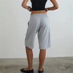 VacationGrabs Women's Knee Length Sweat Shorts with Side Snap Buttons Drawstring Waist Casual Loose Fit Summer Y2K Streetwear