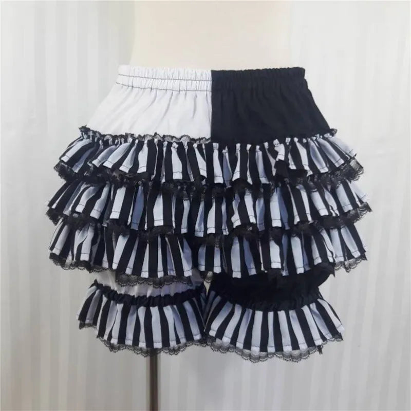 VacationGrabs Lolita Women Bloomers Shorts Color Block Patchwork Ruffle Lace Elastic Waist Pumpkin Pantalettes Sweet Cosplay Bottoms