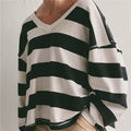 VacationGrabs Oversized Striped V Neck Raw Hem Cropped Sweatshirt Women Loose Long Sleeve Pullover Winter Autumn Casual Streetwear