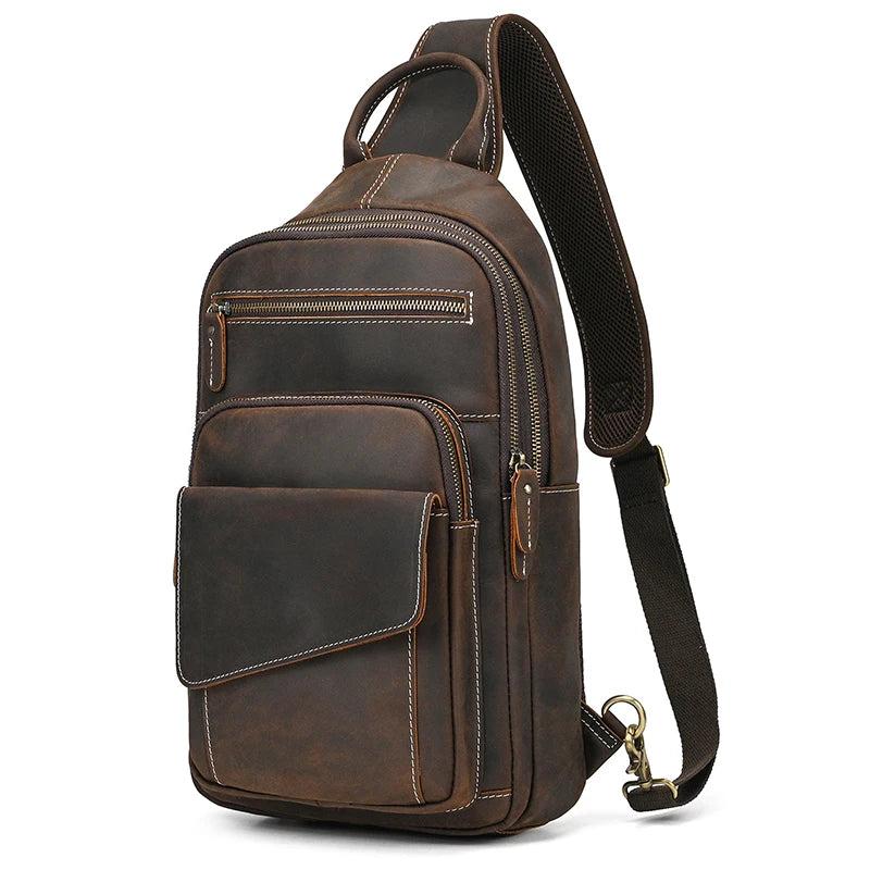 Newsbirds Leather Chest Bag Soft Cowhide Men's Crossbody Bags Sling Bags Real Leather Men's Chest Packs Outdoor Men Bags Sport