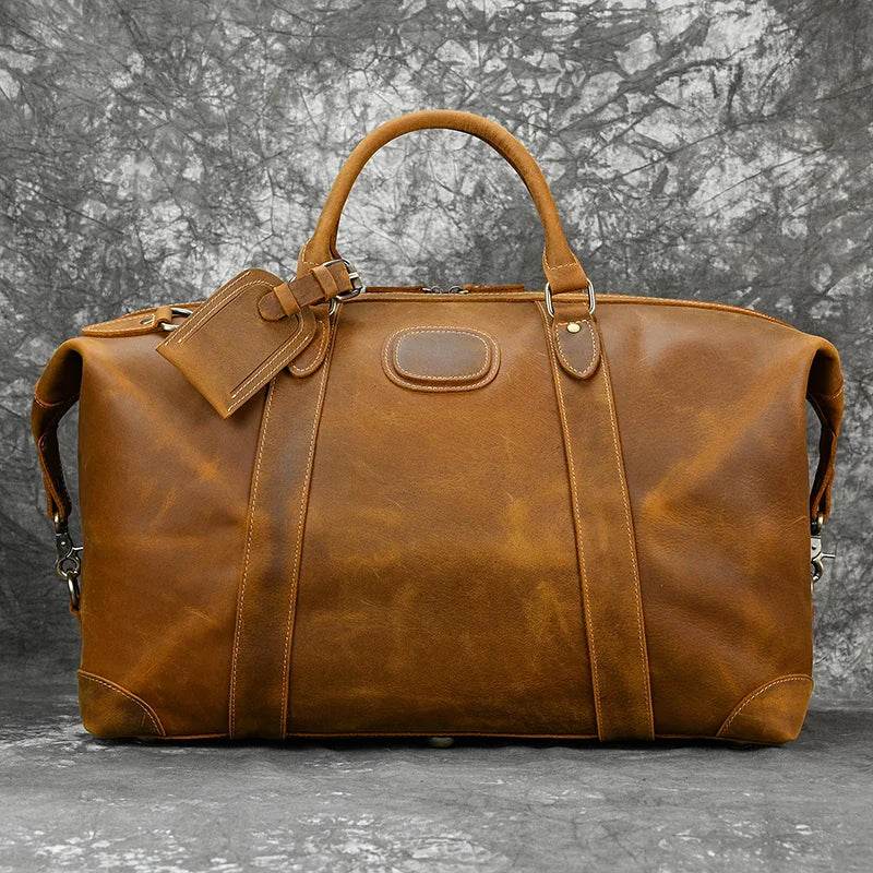 100% Genuine Crazy Horse Leather Travel Duffel Bag Rivet Design - VacationGrabs