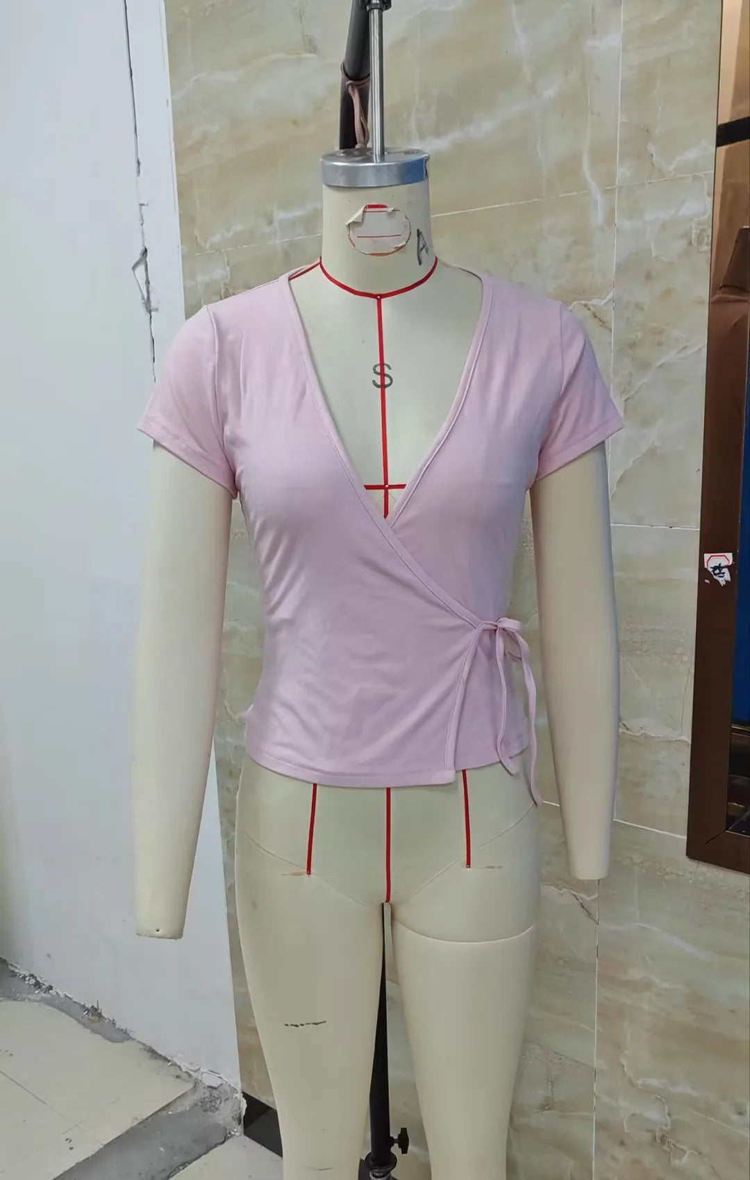 VacationGrabs Ladies Surplice Wrap V‑Neck Short Cap Sleeve T‑Shirt Side Tie Knot Fitted Cropped Top Solid Color Casual Daily Blouse