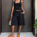 VacationGrabs High Rise Pleated Bermuda Shorts Solid Wide Leg Suit Fabric Culottes Women Elegant Office Street Mid Calf Dress Shorts