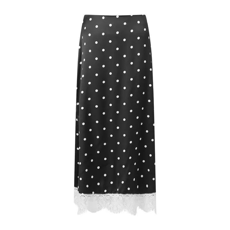 VacationGrabs Women Elegant Lace Satin Spliced Midi Skirts Sexy Dots Print High Waist Retro Casual Straight Midi Skirts Y2K Streetwear
