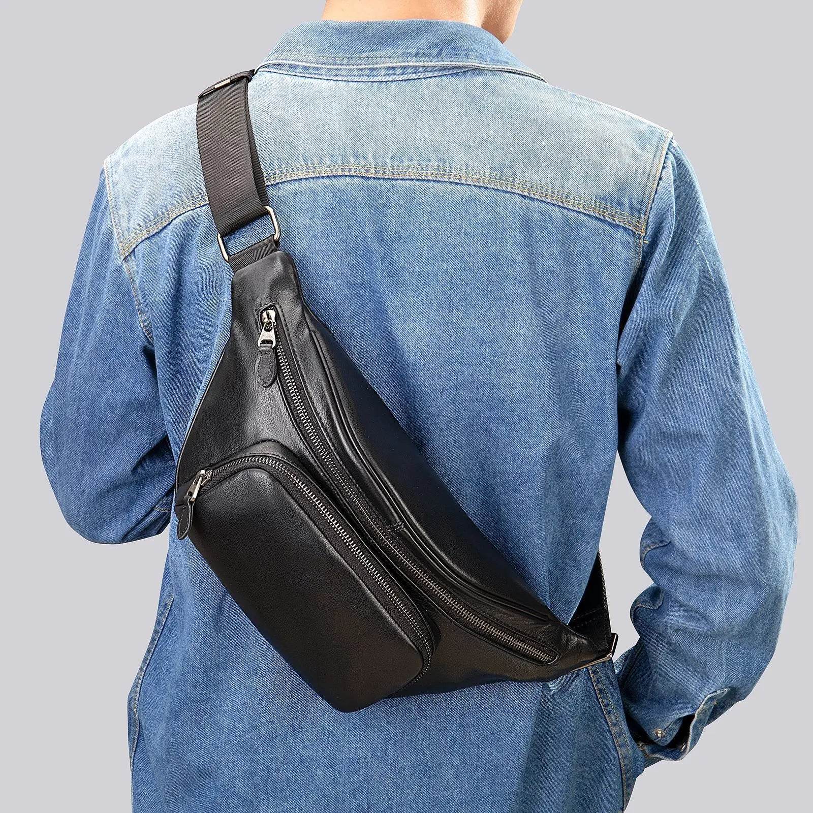 Men's Single Shoulder Crossbody Real Cowhide Waist Pack Chest Bag - VacationGrabs
