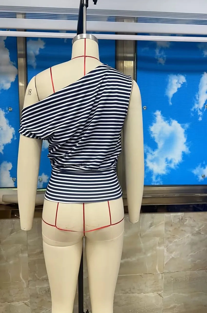 VacationGrabs Asymmetrical One Shoulder Ruched Casual Draped Top Women Y2K Striped Off Shoulder T-Shirt Short Sleeve Cinched Waist Top