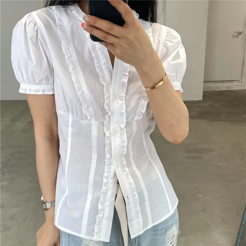 VacationGrabs Women White Ruffle Blouse Stand V Neck Puff Short Sleeve Slim Fit Button Shirt Elegant Vintage Corset Line Casual Top