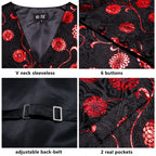 Black floral dress with V neck, buttons, and adjustable back-belt