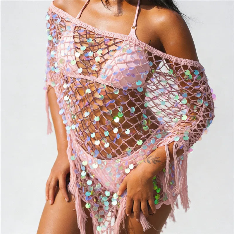 VacationGrabs Women's Tassel Knit Ponchos Fashion Sequin Off One Shoulder Loose Fit Crochet Shrug Shawl for Casual Beach Wear